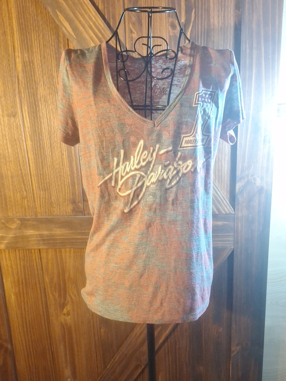 Harley-Davidson Women's Heathered Pink and Gray V-Neck Graphic Tee